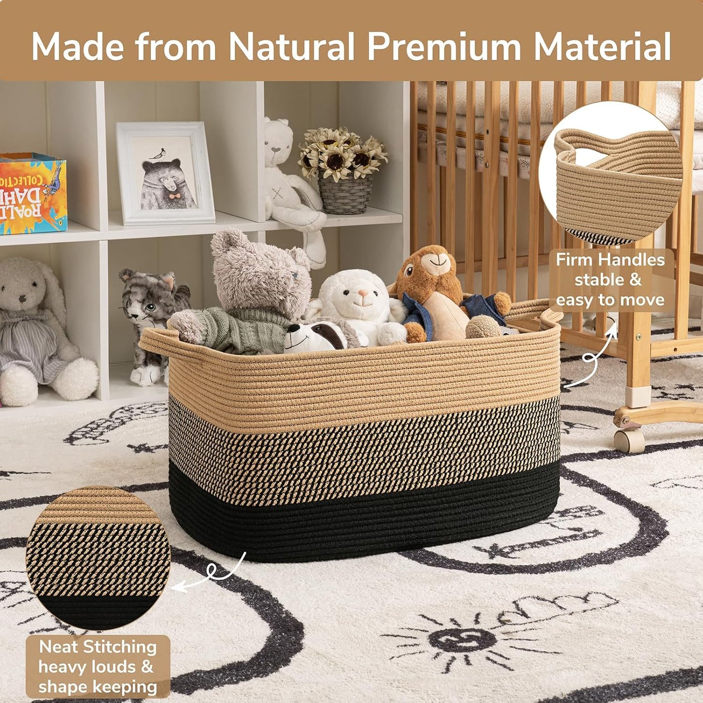 Goodpick Woven Blanket Basket, 21.6" x 14.9" x 11.8" Wicker Laundry Basket for Clothes, Storage Baskets for Organizing, Rectangle Rope Large Baskets for Storage, Black Jute