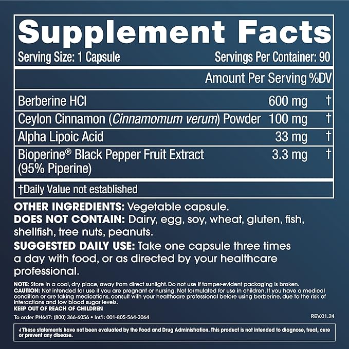 Berberine Plus Cinnamon, 600 mg/per Serving | Evidence-Based to Support Healthy Aging & Metabolism | Gut Health & Cholesterol Management | Third-Party Tested for Purity