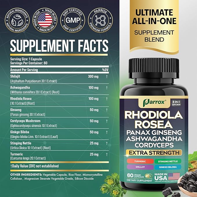 Rhodiola Rosea Panax Ginseng Ashwagandha Cordyceps Mushroom Turmeric Ginkgo Biloba Stinging Nettle Adaptogen Blend Supplement Capsules for Daily Wellness Support (3 Pack)