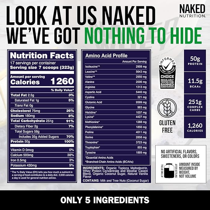 NAKED Vanilla Mass - All Natural Vanilla Weight Gainer Protein Powder - 12LB Bulk, GMO Free, Gluten Free & Soy Free, No Artificial Ingredients - 1,260 Calories - 17 Servings