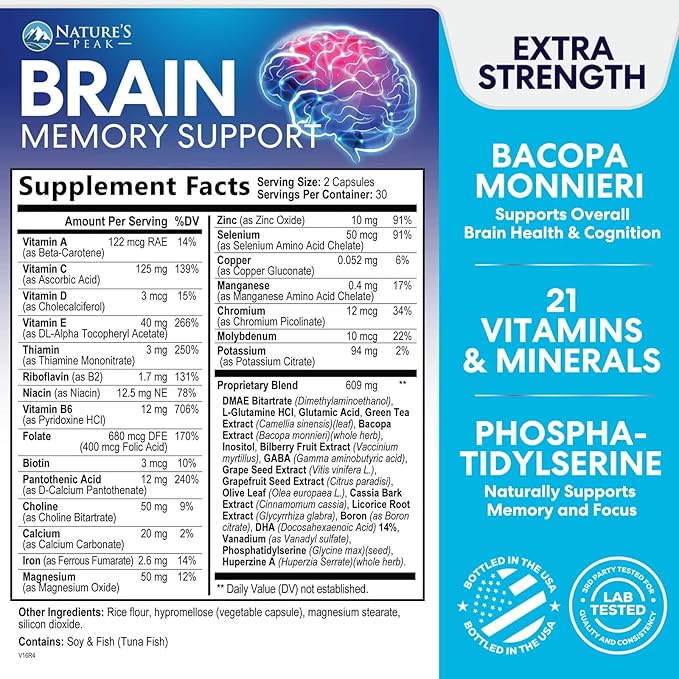 Brain Memory Supplement Pills - Nootropics Support for Concentration, Clarity, Alertness & Focus - Brain Health with Bacopa, Cognitive Vitamins, Phosphatidylserine, DMAE - Brain Booster - 60 Capsules