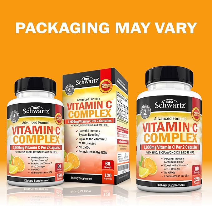 BioSchwartz Vitamin C Complex Supplement - Vitamin C 1000mg Capsules with Rose HIPS Zinc and Citrus Bioflavonoids for Immune Health, Cellular Energy, Collagen Production, 120 Count (60 Day Supply)