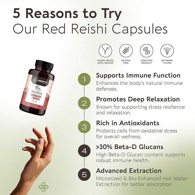 Longevity Botanicals Reishi Mushroom Extract Capsules (120) | Concentrated 10:1 Ratio | 100% Fruiting Bodies | Lingzhi (Ganoderma lucidum) Supplement for Immune, Stress & Sleep Support