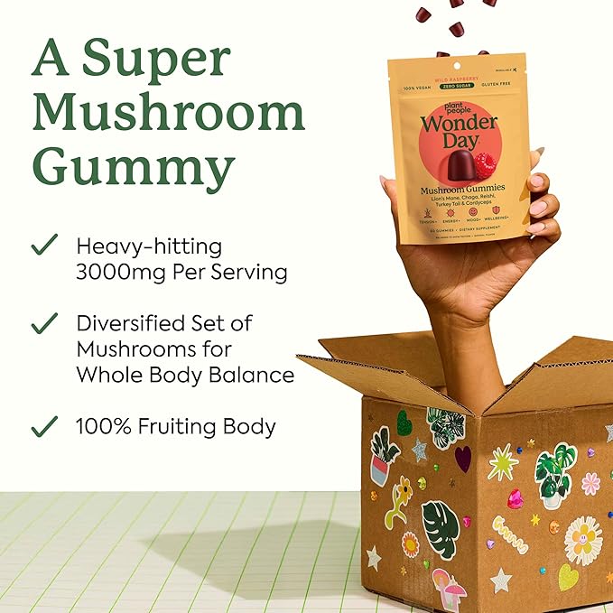 Plant People WonderDay Mushroom Gummies - Lion’s Mane, Cordyceps, Chaga Mushroom Supplement to Support Immune System De-Stress Boost Mood & Energy in Adults Natural, Vegan, Non-GMO (60 Count)