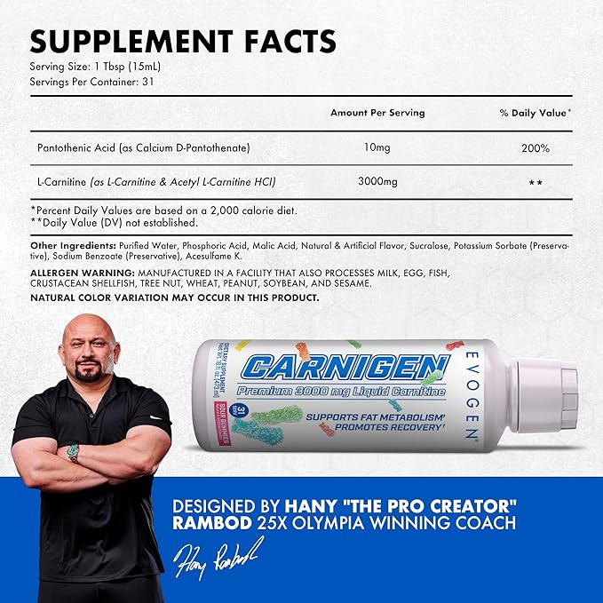Evogen Carnigen Premium L Carnitine Liquid – L Carnitine 3000 Supplement | L Carnitine Supplement for Fat Metabolism & Recovery | Acetyl L-Carnitine | Caffeine Free | Sour Gummies | 31 Servings