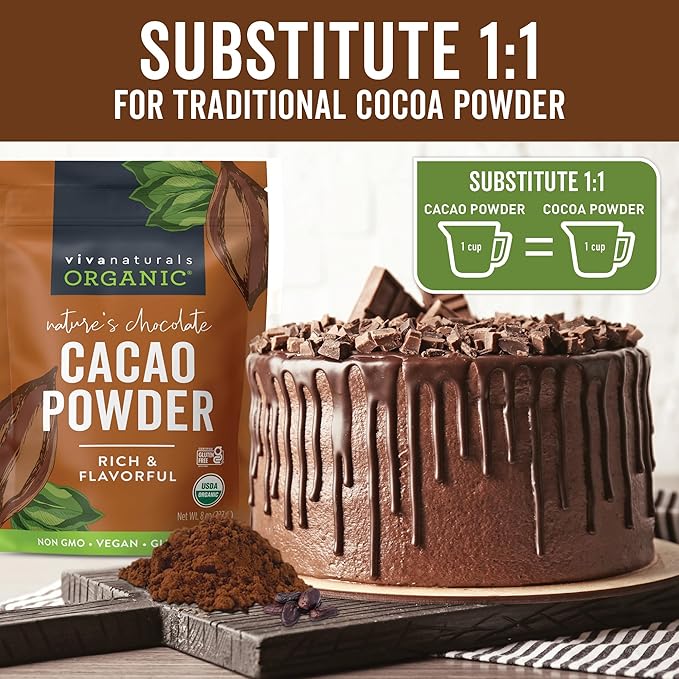 Viva Naturals Organic Cacao Powder, 8 oz - Unsweetened Cocoa Powder With Rich Dark Chocolate Flavor, Perfect for Baking & Smoothies - Certified Vegan, Keto & Paleo, Non-GMO & Gluten-Free, 227 g