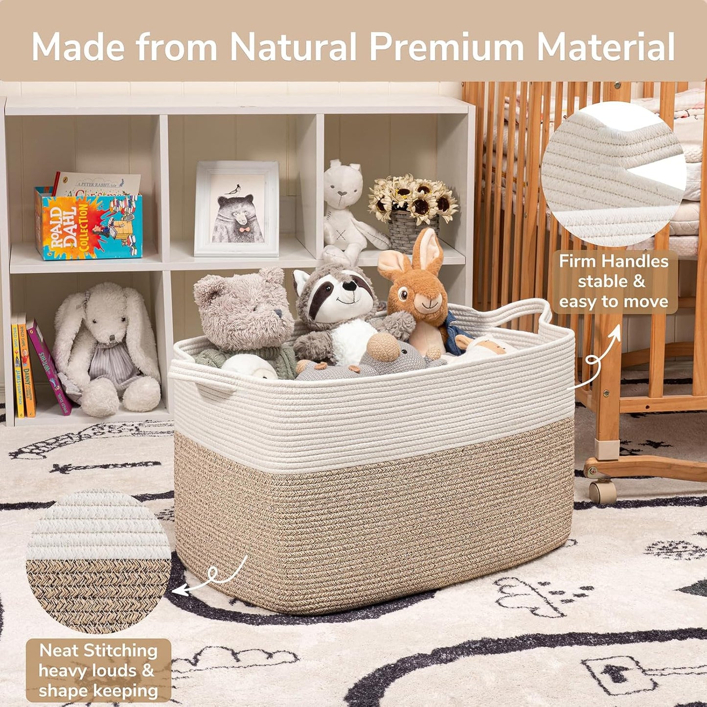 Goodpick Extra Large Woven Blanket Basket, 23.6" x 15.7" x 13.8" Storage Organizer for Blankets, Toys, Dirty Clothes, Rectangle Cotton Rope Basket for Living Room, Nursery, Bedroom