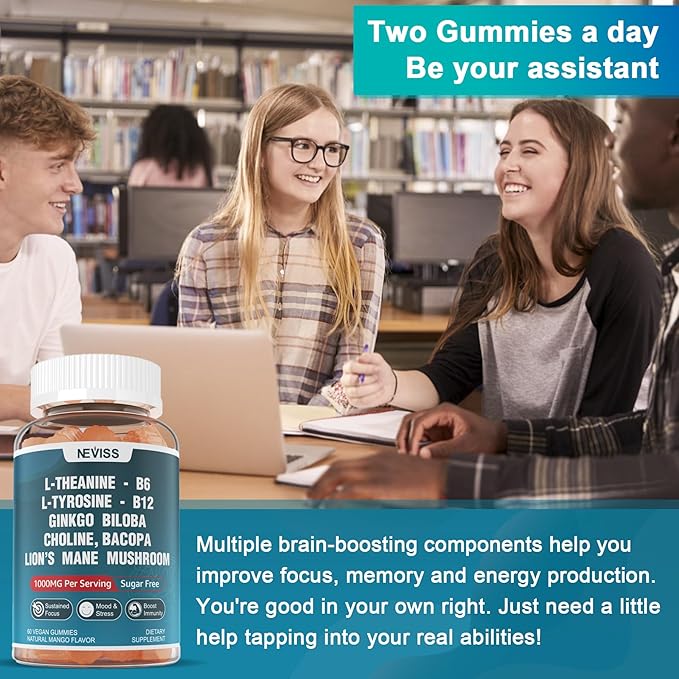 Sugar Free L-Tyrosine Gummies 300mg L-Theanine 200mg Vitamin B6 100mg & B12 500mcg, Brain Health Herbs 300mg w/Ginkgo Biloba, Rhodiola Rosea, Lion's Mane Mushroom for Sustained Focus & Energy, 1Pack
