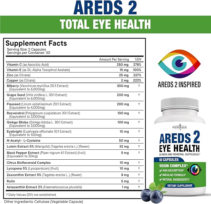 NEW AGE AREDS 2 Eye Vitamins - Lutein, Zeaxanthin, Bilberry, Astaxanthin Mineral Vision Supplement - 180 Count