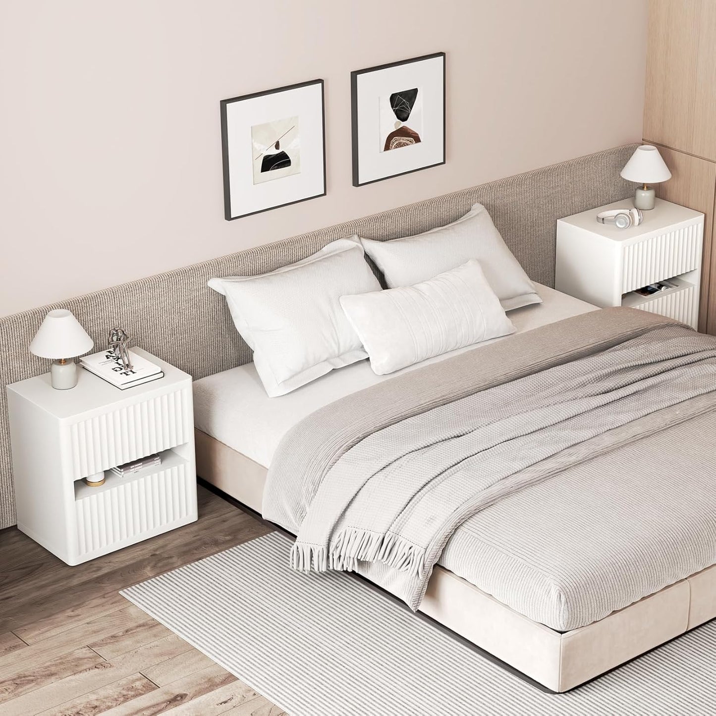 Dripex Fluted Nightstand with 2 Drawers, Large Wide Wood Night Stand Bedside Tables for Bedroom, Mid-Century Modern Storage Bed Side Table, End Tables for Living Room Sofa Couch, White, Set of 1