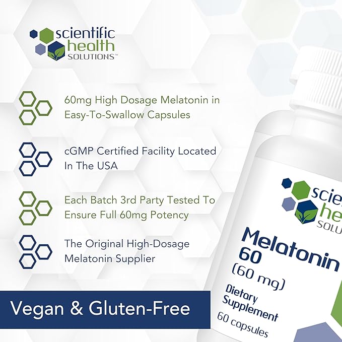 Melatonin 60mg | High Dosage Melatonin in Easy-to-Swallow Capsules | Vegan, Non-GMO & Gluten-Free | US-Made Extra Strength Melatonin (2-Pack)