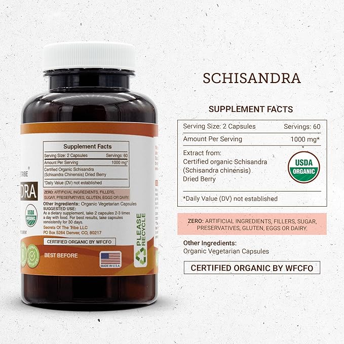 Secrets of the Tribe Schisandra 120 Capsules, 1000 mg, USDA Organic Schisandra (Schisandra Chinensis) Dried Berry (120 Capsules)