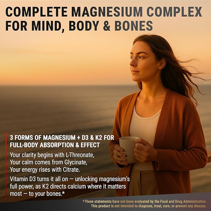 Magnesium Complex L-Threonate, Glycinate, Citrate with Vitamin D3 10,000 IU & K2 MK-7 ā Brain, Bone & Immune Support ā 60 Vegan Capsules ā High Absorption, Non-GMO