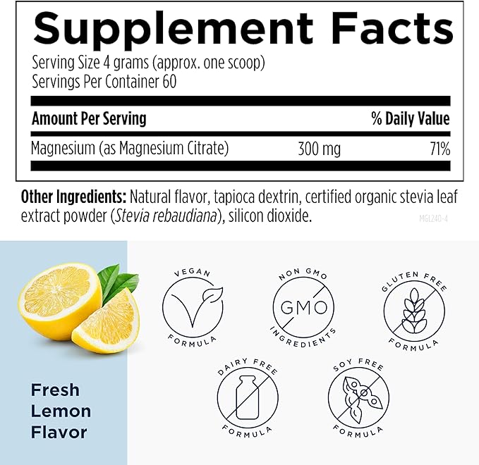 Designs for Health MagCitrate Powder - 300mg Powdered Magnesium Citrate to Support Calm + Regularity - Non-GMO, Gluten Free Delicious Drink Mix Add-in, Lemon Flavor (60 Servings / 240g)