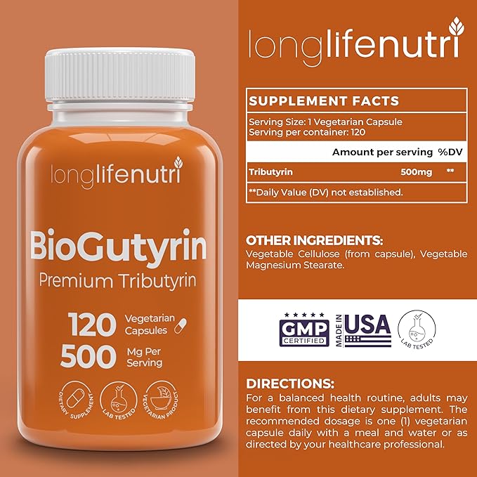 BioGutyrin – Tributyrin 500mg, Postbiotic Supplement for Gut Function & Nutrient Absorption, 120 Vegetarian Capsules, Butyric Acid for Butyrate Production, 4-Month Supply, GMP Certified, Made in USA