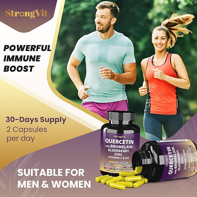 Quercetin with Bromelain, Elderberry, Vitamin C, D3 and Zinc. Super Immune Support Supplement. Organic Complex for Men & Women, Non-GMO, Gluten-Free, Vegan, USA