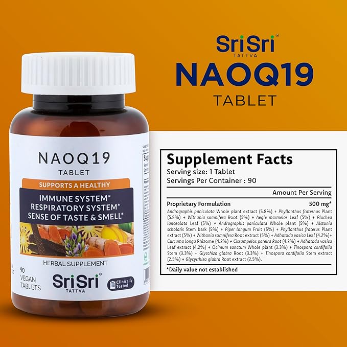 SRI SRI TATTVA NAOQ19 Immunity Support – Ayurvedic Herbal Supplement with Ashwagandha, Turmeric, Licorice, Tulsi, Andrographis – Respiratory & Adrenal Support – 19 Herbs & Adaptogens – 90 Capsules