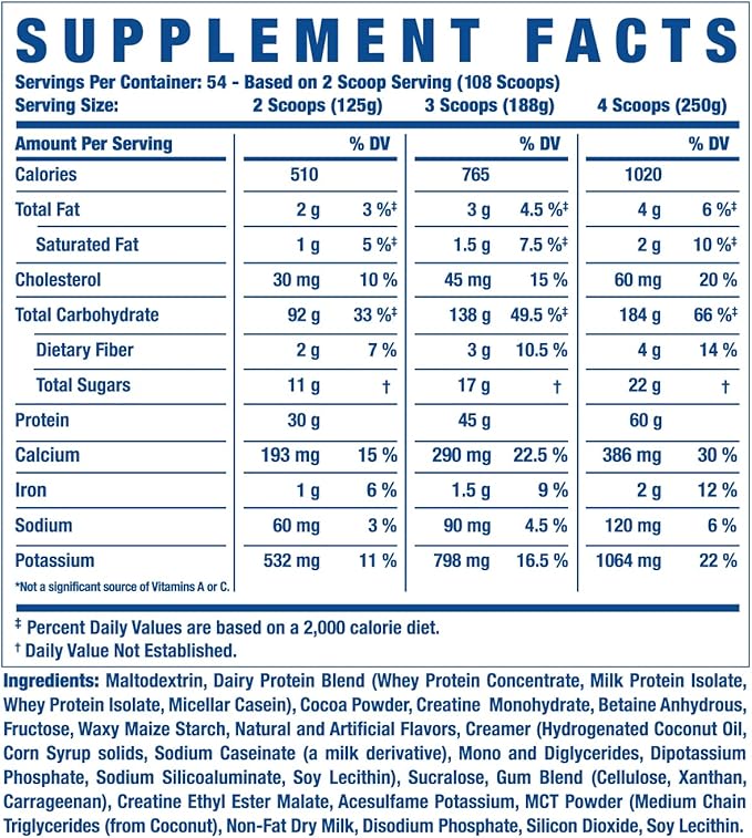 Ronnie Coleman Signature Series King Mass XL Mass Gainer Protein Powder, Muscle Gainer, 60g Protein, 180g Carbohydrates, 1,000+ Calories, Creatine and Glutamine, Dark Chocolate, 15 Pound