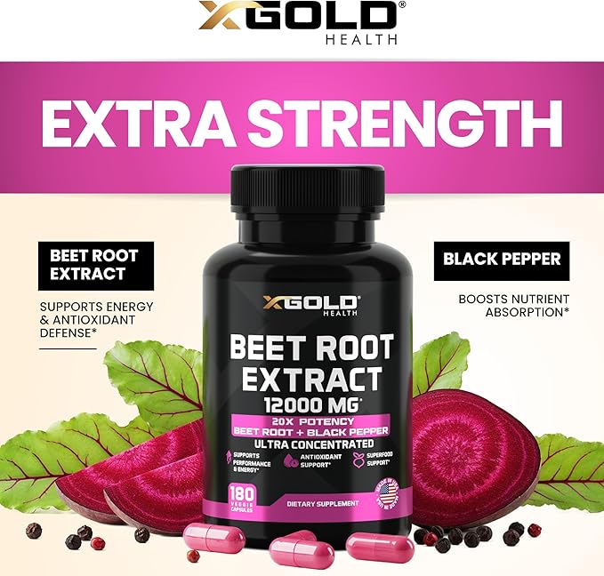Beet Root Extract Capsules - 12000mg 20x Concentrated Beet Root Capsules Supplement w/Black Pepper - High Nitrates - Natural Nitric Oxide Booster - Highly Concentrated & Bioavailable -180 Veggie Caps