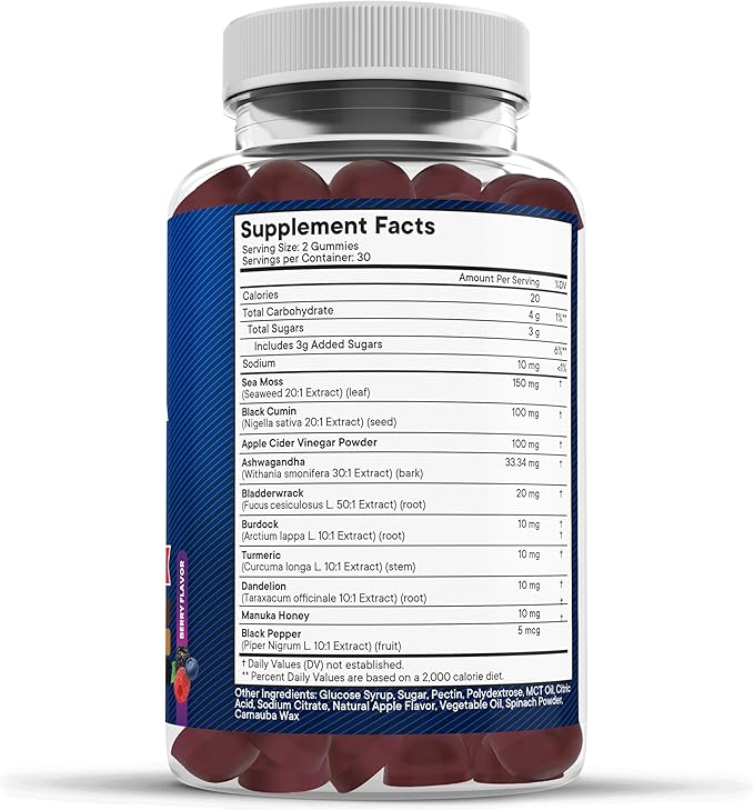 Sea Moss Gummies, Sea Moss, Black Seed, Ashwagandha, Turmeric, Manuka Honey, ACV, Dandelion, Black Pepper, Burdock, Bladderwrack, Vegan - 60 Count