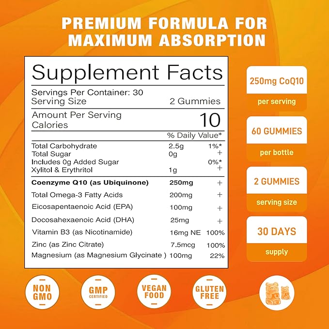 Sugar Free CoQ10 Gummies, Plus Omega-3, Vitamin B3 and Zinc, Magnesium, 5X High Absorption Coenzyme Q10 Supplements, q10 Boost Cellular Energy, Potent Antioxidant & Brain, Peach Flavor, 60 Cts
