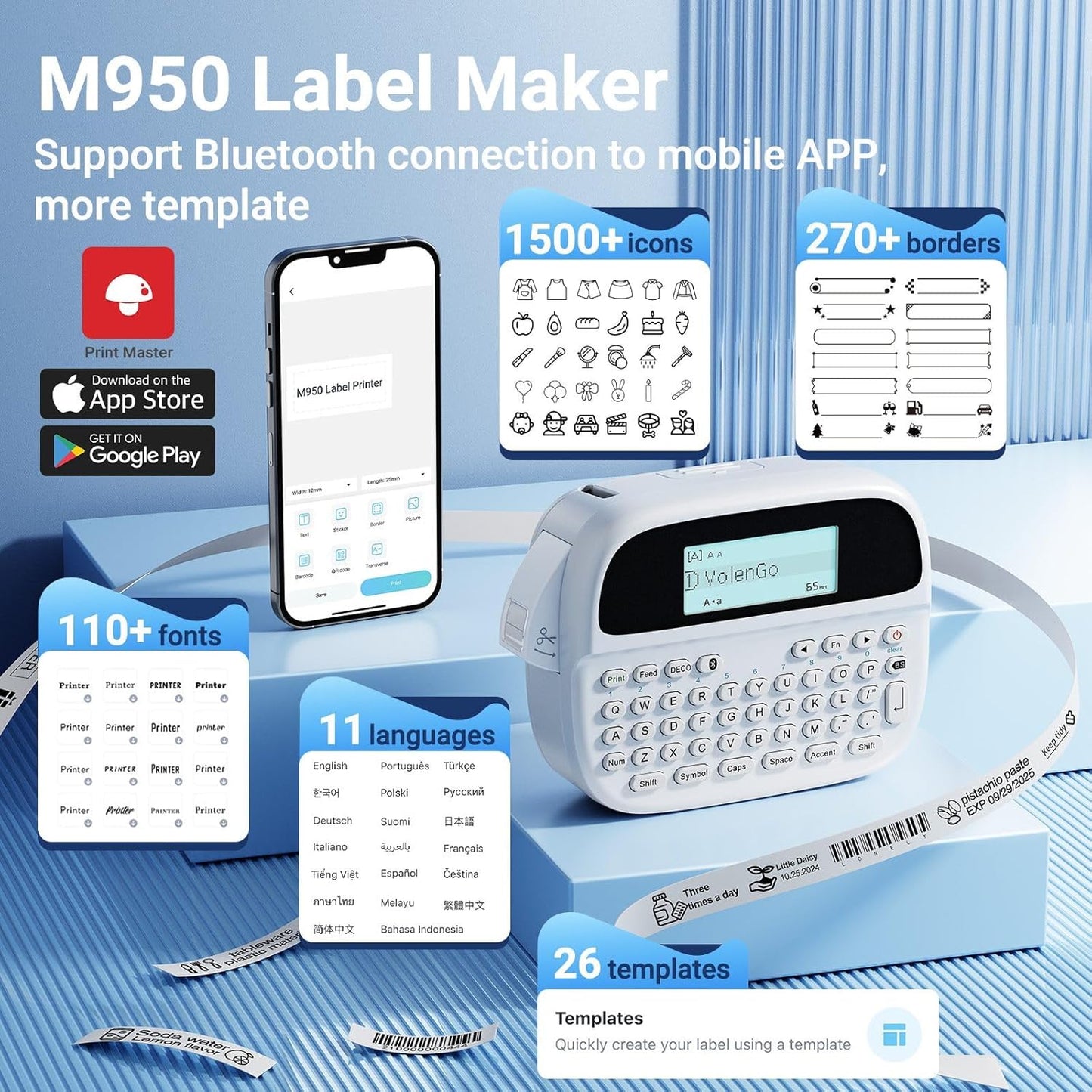 Label Maker Machine with 4 Tapes, Rechargeable Backlit Labeler for 12mm 0.47 White Waterproof-Labels, Bluetooth Label Printer Replacement for Brother Ptouch Label Maker Machine, for Office Home School