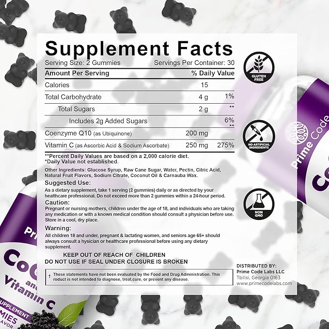 Prime Code CoQ10 200mg & Vitamin C 250mg Gummies – Antioxidant & Immune Support – Heart & Energy Supplement for Adults – Vegan, Non-GMO, Gluten-Free – Elderberry Flavor – 60 Gummies