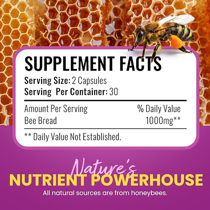 Bee Bread Capsules – Nutrient-Rich Superfood for Energy Boost, Immune Support Supplement | Non-GMO, Gluten-Free, 60 Easy-to-Swallow Veggie Capsules