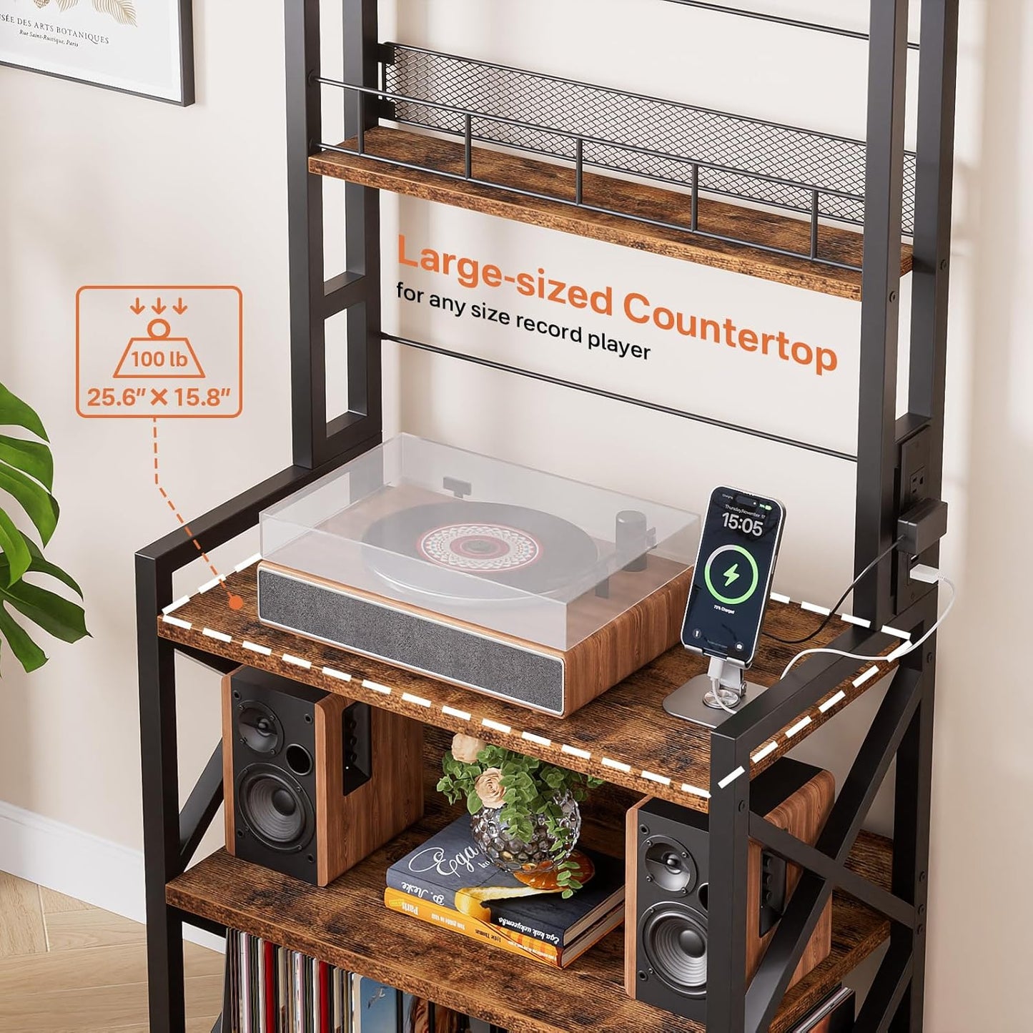Record Player Stand with Power Outlet, 5-Tier Vinyl Record Storage Rack with Turntable Stand, LP Album Organizer & Display Rack, Media Storage Cabinet for Living Room Bedroom Music Corner