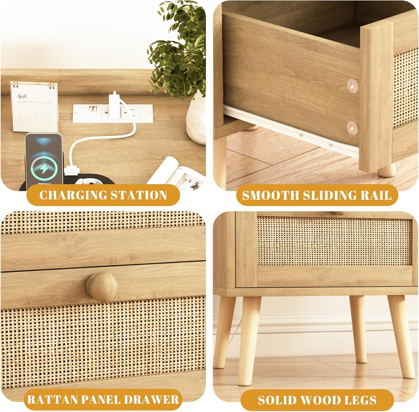Rattan Nightstand with Charging Station Set of 2, Mid Century Modern Bedside Side Table with 2 Drawers, Boho End Table with Wood Legs for Bedroom Natural Night Stand for Living Room