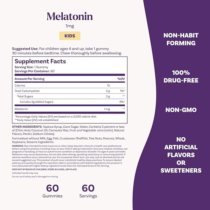 Natrol Kids Melatonin Gummies 1mg, Children's Melatonin for Restful Sleep, 60 Raspberry-Flavored Sleep Gummies, 60 Day Supply