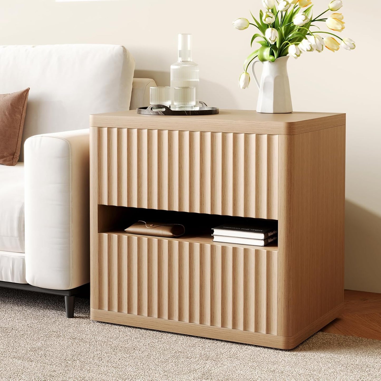 Dripex Fluted Nightstand Set of 2 with Drawers Storage, Large Wide Wood Night Stand Bedside Tables for Bedroom, Mid-Century Modern Bed Side Table, End Tables for Living Room Sofa Couch, Natural Oak