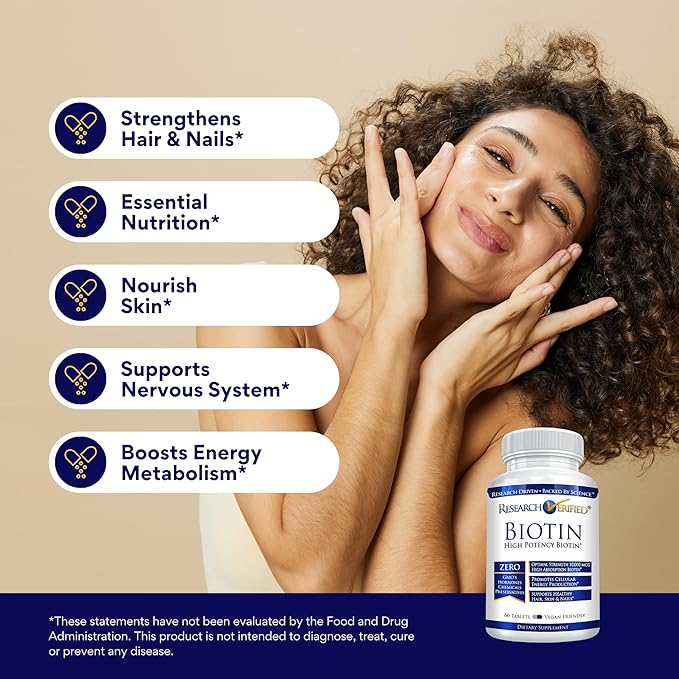 Research Verified Biotin – Pure Biotin Extra Strength 10,000mcg for Improved Hair, Skin and Nail Health - 60 Vegan Tablets, Made in USA