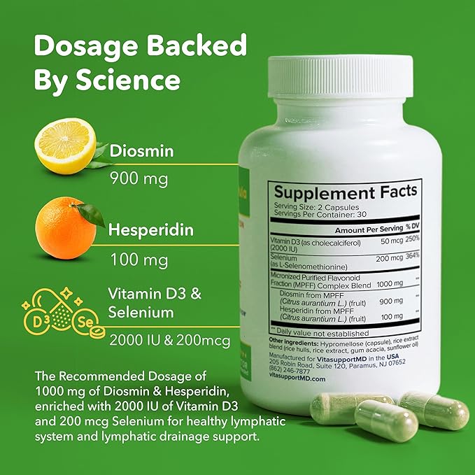 Lymphatic Formula, Diosmin Hesperidin 1000 mg, MPFF Lymphatic Support, Lymph System Support, Vitamin D3 and Selenium Supplement, 60 Capsules