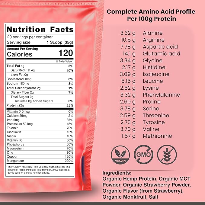 Organic Hemp Protein Powder, Plant Based and Vegan Protein Shake, Lactose and Dairy Free, Gluten Free, Clean and Natural- Strawberry (1 Serving)