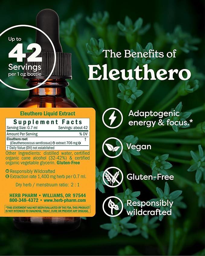 Herb Pharm Eleuthero Root Liquid Extract for Energy and Stamina, Cane Alcohol, 1 Ounce