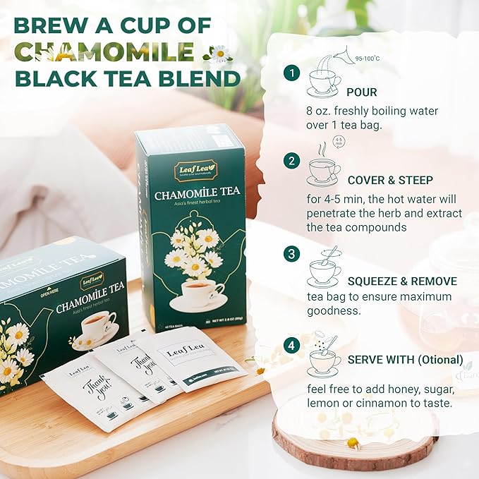LeafLea Chamomile and Black Tea Blend, Chamomile Tea Bags, Black Tea & Pure Camomile Flowers, Manzanilla Tea Bags Stress Relief, Vegan, Supports Digestion, Ideal Wellness Gift Box | 80 Bags