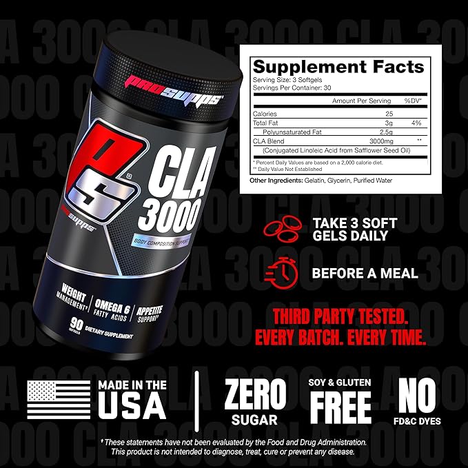 PROSUPPS CLA 3000 Lean Body Composition Support - Stim-Free Conjugated Linoleic Acid Workout Supplement for Weight Management & Appetite Support with Omega 6 Fatty Acid - Gym & Fitness - 90 Softgels