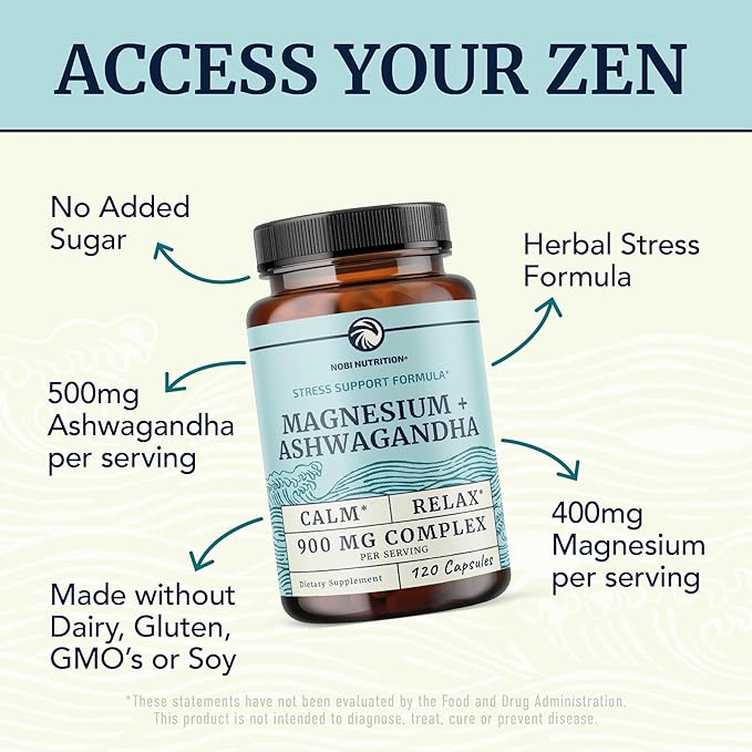 Magnesium Ashwagandha | Calming Magnesium Supplement for Adults | Relax, Rest, Calm Mood & Sleep Support | Mag Citrate & Oxide 400 mg + Ashwagandha 500 mg | Muscle Health & Stress Relief | 120 Ct
