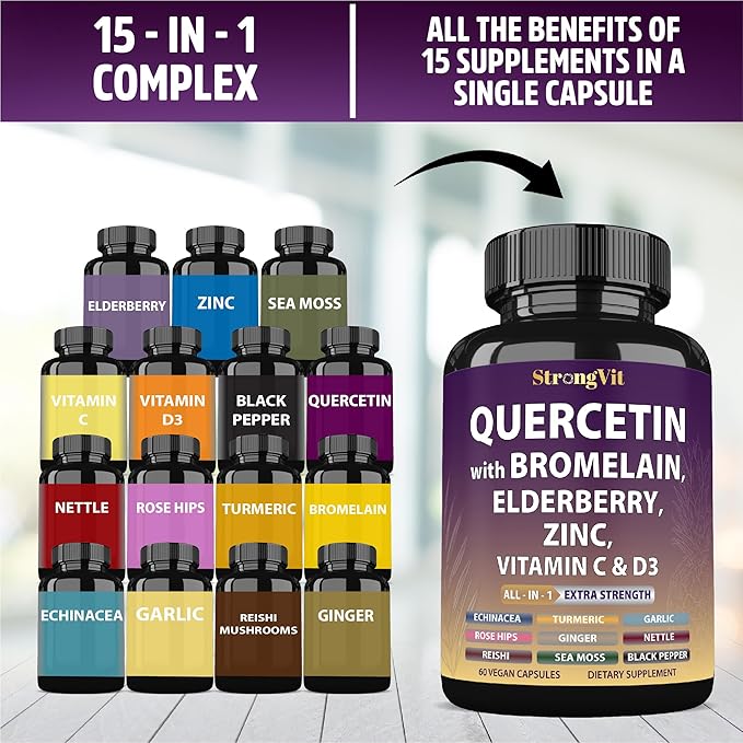 Quercetin with Bromelain, Elderberry, Vitamin C, D3 and Zinc. Super Immune Support Supplement. Organic Complex for Men & Women, Non-GMO, Gluten-Free, Vegan, USA