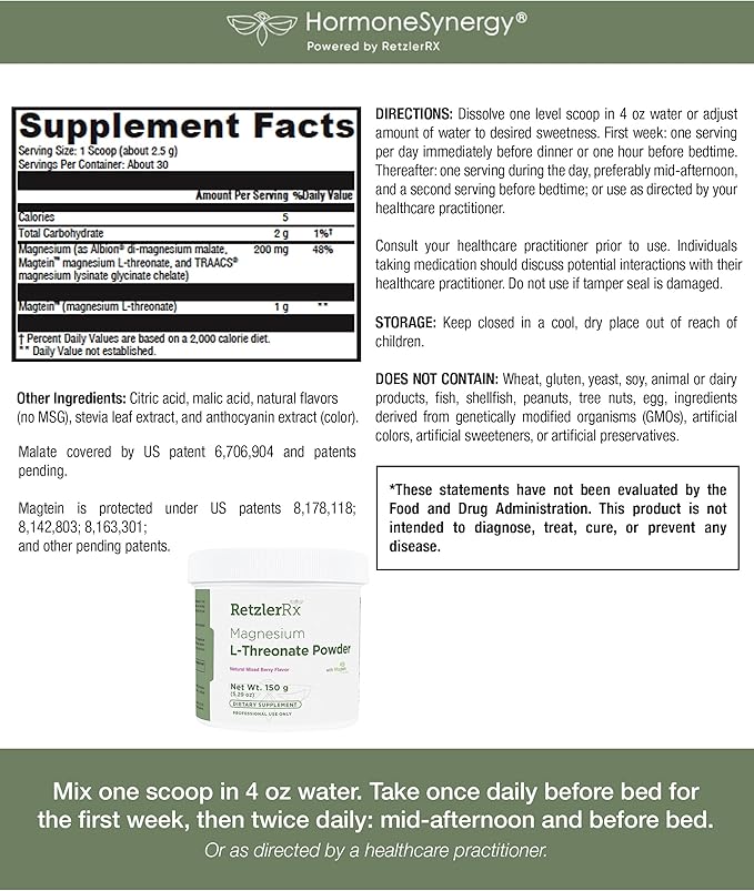 Magnesium L-Threonate Powder with Magtein - Brain-Supporting Magnesium Threonate Complex - Mixed Berry, Gluten-Free Supplement for Cognitive Health - 60 Servings