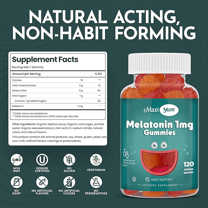 Maxi Health 1mg Melatonin Gummies – Kids Melatonin Chewables with Natural Cherry & Orange Flavor – Adult and Baby Sleep Help Supplement to Support Restful Nights (120 Count)