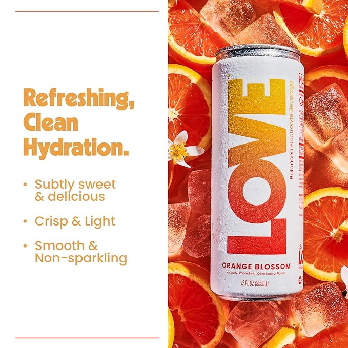 Be LOVE Balanced Electrolyte Beverage - Flavored Still Beverage for Daily Hydration, Exercise, Work & Wellness - Magnesium, Potassium & Sodium - Zero Sugar, Gluten Free (Orange Blossom, 12oz x 12ct)
