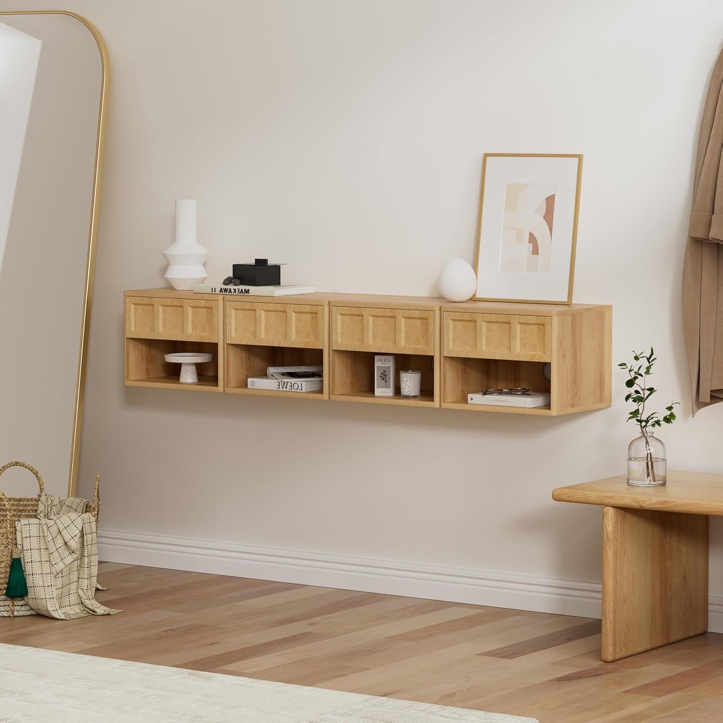 Farmhouse Floating nightstands Set of 2, Small Wall Mounted Storage Cabinet with Open Shelf, Wood Bedside End Table for Bedroom, Living Room, Natural Oak