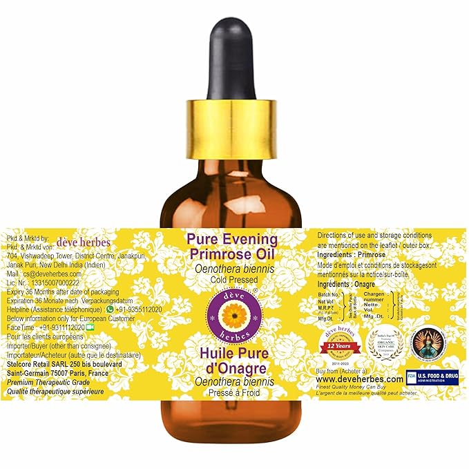 dève herbes Evening Primrose Oil (Oenothera biennis) with Glass Dropper | Cold Pressed | Pure | For Diluting Essential oils | Skin & Massage | Non-Sticky | Lightweight | Unisex | 15ml (0.50 oz)