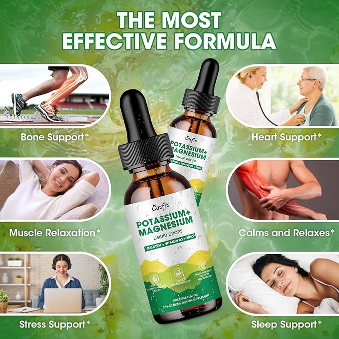 Potassium Magnesium Glycinate Supplement-High Absorption Magnesium Complex Liquid Drop with Calcium, Potassium, Vitamin D3 & Zinc for Sleep,Leg Cramps, Muscles & Energy, Sugar Free&Vegan 2 Fl Oz
