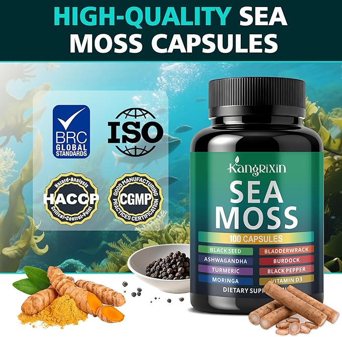 Sea Moss Capsules with Black Seed Oil, Ashwagandha for Immune System, Skin, Energy Sea Moss Supplement