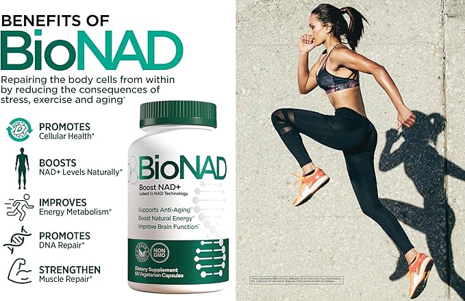 BioNAD NAD+ Natural Energy Booster - Boosts NAD+ - Supports Cardiovascular Health by lowering LDL Cholesterol - Anti Aging - Combats Inflammation induced Aging on a Cellular Level - Vegan/Non GMO