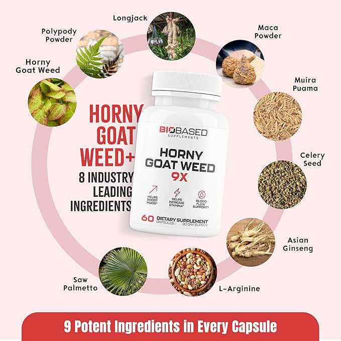 Horny Goat Weed + 9 Ingredients - Pills for Men with Fast Acting Blood for Performance | Build Muscle, Assist Energy | 9 Strategic Backed Ingredients | 3rd Party Tested Supplement - 60 Pills