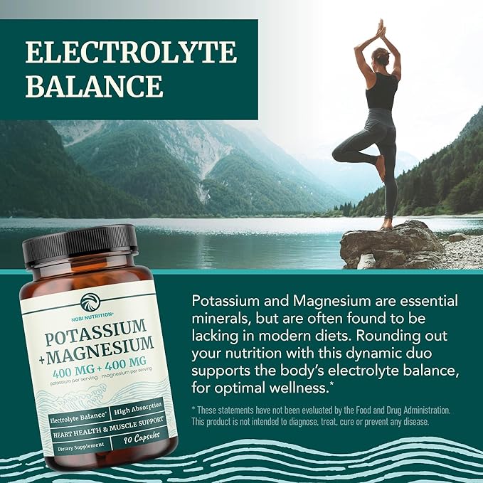 Potassium Magnesium Supplement | High Strength Electrolyte Balance for Heart Health & Muscle Support | 400 MG Potassium + 400 MG Magnesium | Energy, Bone Health, Sleep & Mood Support | 90 Ct.